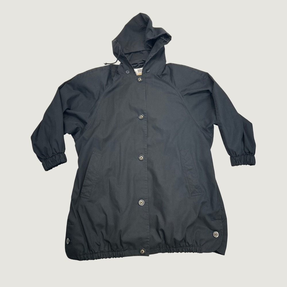 London Fog Towne Raincoat Jacket Womens L Black‎ Hooded Button Front Classic